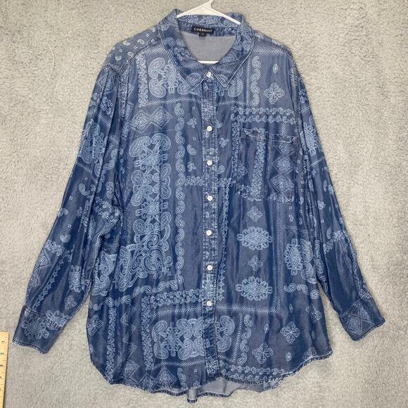 Lane Bryant womens 28 long sleeve button up chambray top lyocell geometric - Picture 1 of 8